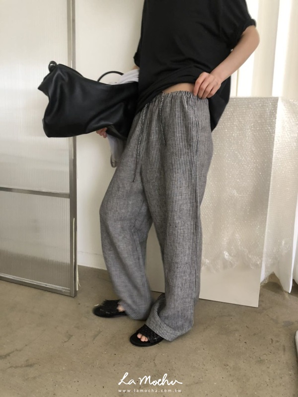 直條紋麻料直筒褲(闆娘.花花清單)